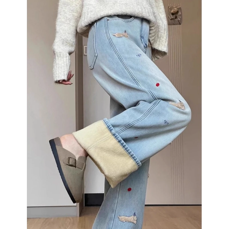Winter 2025 Y2k Pants For Women Embroidered Flared Jeans Thick