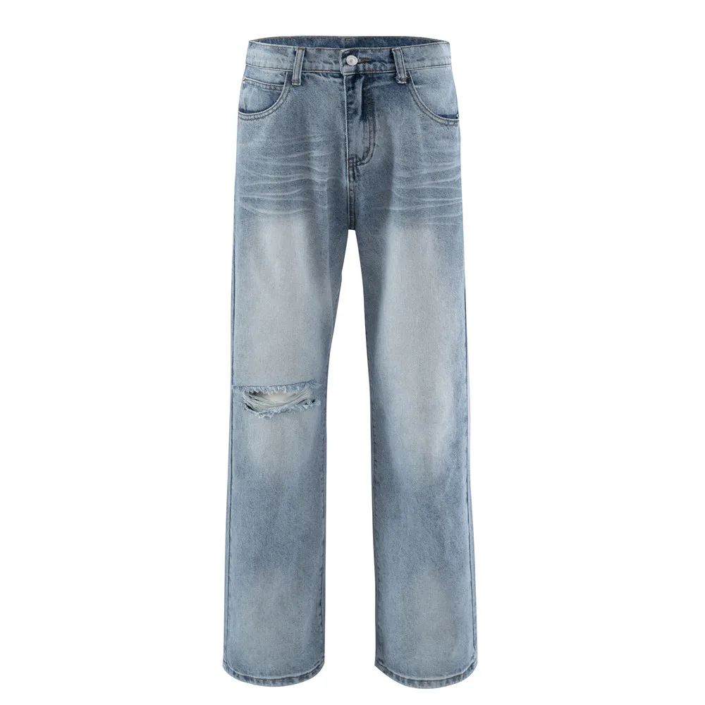 Denim Pants Mens Washed Distressed Retro Streetwear Baggy Straight - Image 7