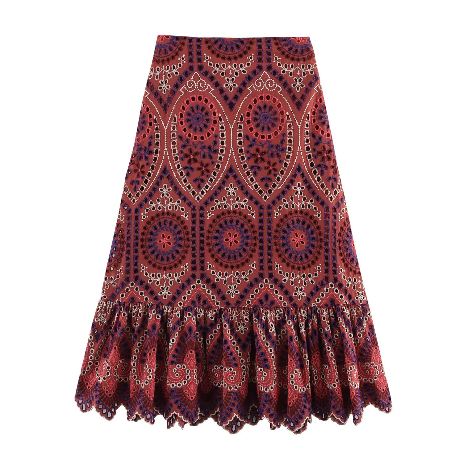 DEEABAE Comfortable Round Neck Sleeveless Top With High Waist Layered Decoration Hollowed Out Embroidery MIDI Skirt - Image 8