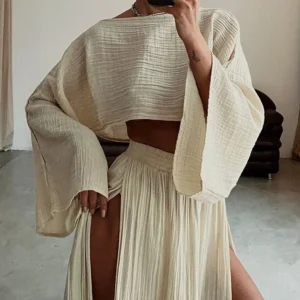 2 Pcs/Set Women Crop Top Skirt Sets Long Sleeve Top High Waist Split Skirts Suit Beach Bikini Coverup Lady Elegant Party Outfit