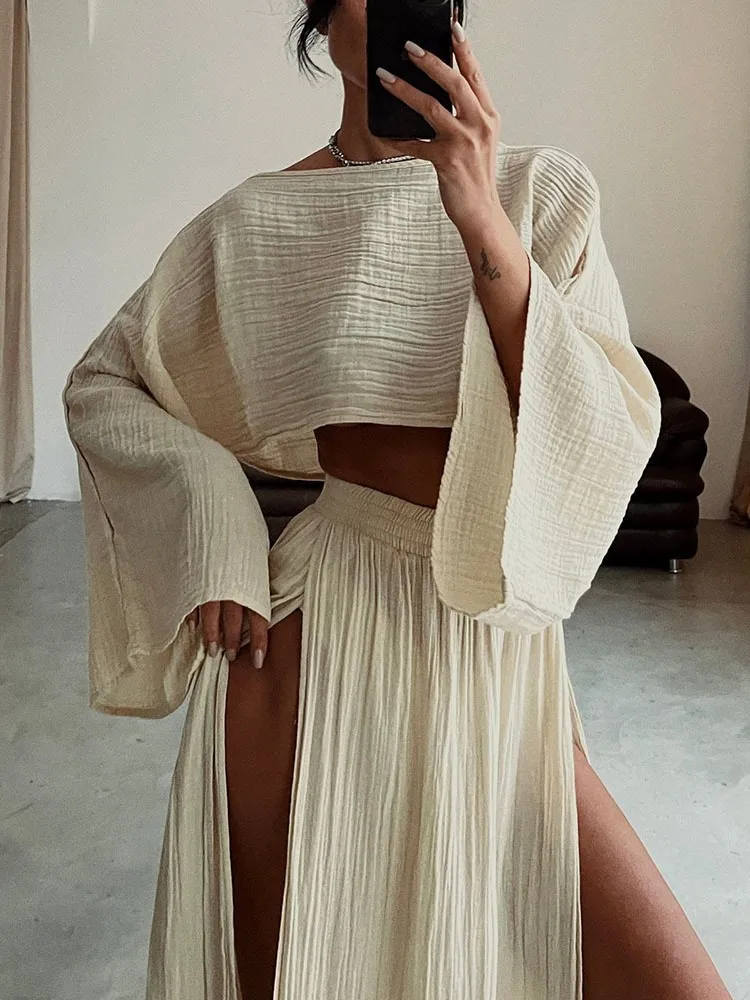 2 Pcs/Set Women Crop Top Skirt Sets Long Sleeve Top High Waist Split Skirts Suit Beach Bikini Coverup Lady Elegant Party Outfit
