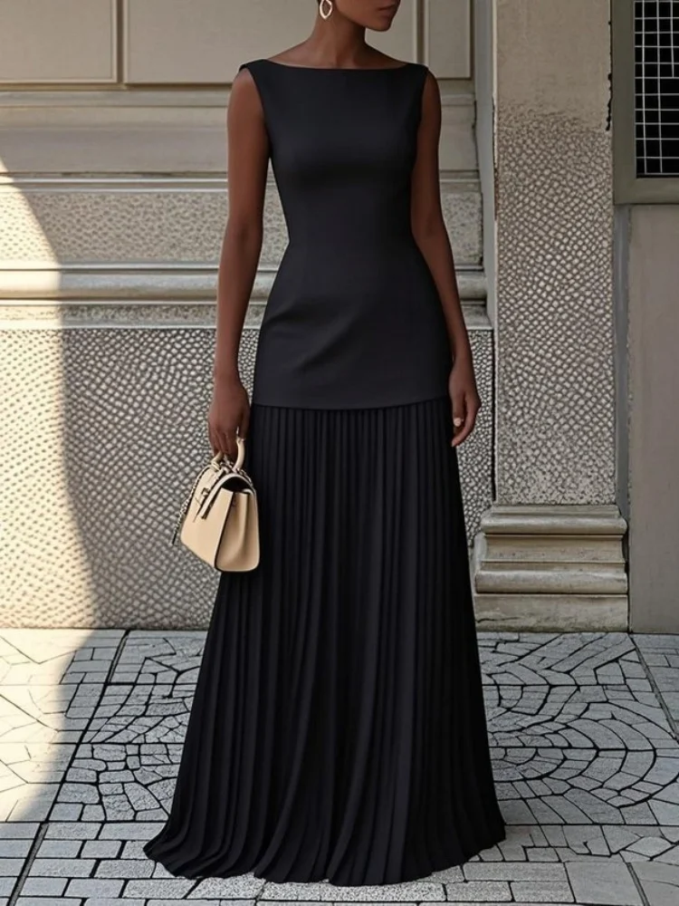 Two-piece Set Women Elegant Solid Splice Pleated Skirts Set Sexy Slash Neck Sleeveless Tank Hollow Slim Maxi Skirts - Image 3