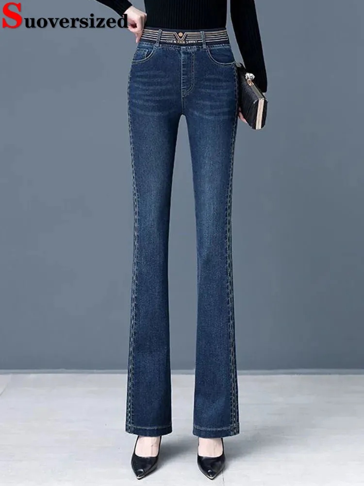 Women Vintage Skinny Stretch Flare Jeans Korean Elastic High Waist Wide Leg Denim Pants Ankle Length Big Size 4xl Kot Pantolon