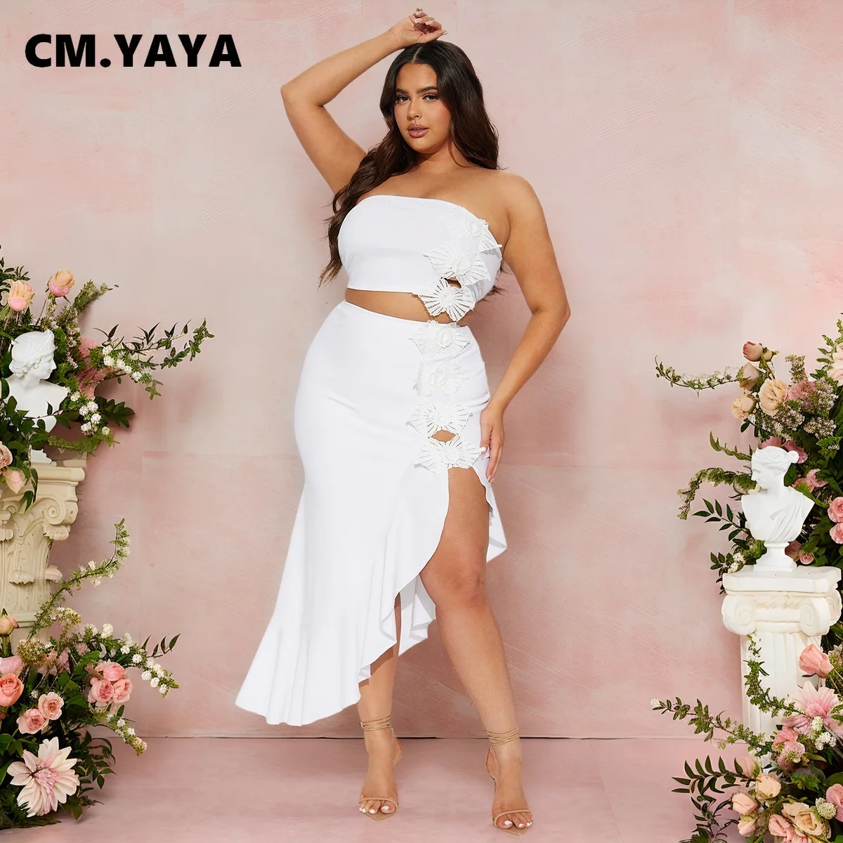 CM.YAYA Bowknot Side Women's Dress Set Strapless Crop Top and Ruffles Split Midi Maxi Long Skirt Suit Two 2 Piece Set Outfits - Image 5