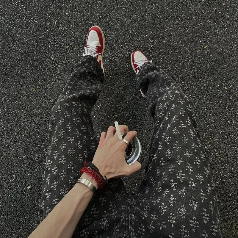 Jacquard All-over Printed American Jeans Thin Slim Fit Straight-leg Bootcut Pants - Image 3