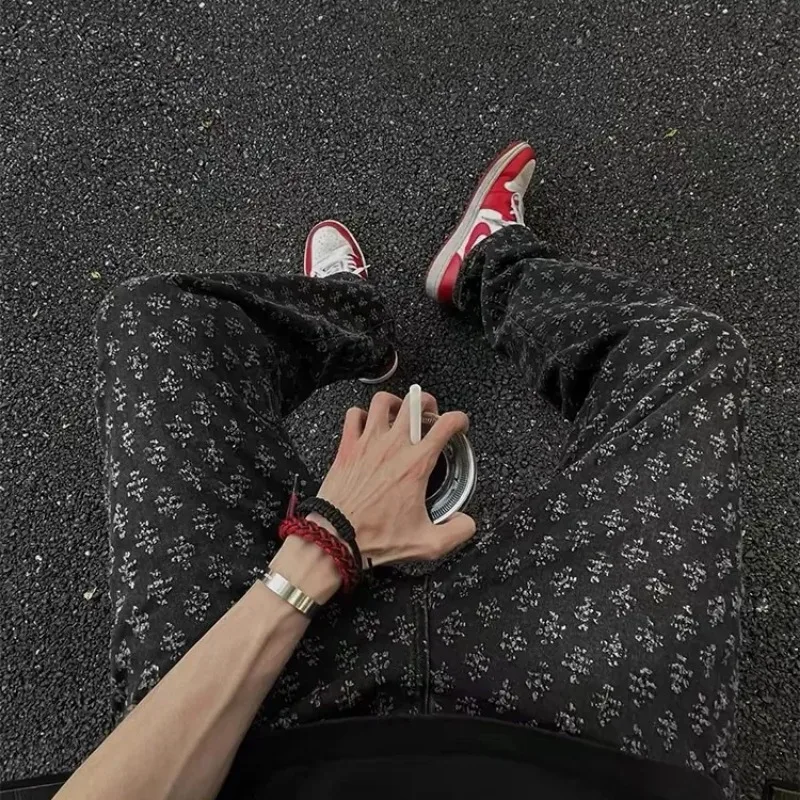 Jacquard All-over Printed American Jeans Thin Slim Fit Straight-leg Bootcut Pants - Image 2