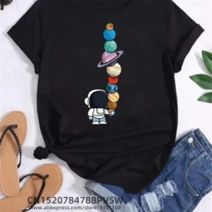 Alternative view of Moon Planet Space Women Print T-Shirts Girl Fashion Funy Casual Round Neck Short Sleeve Streetwear Female Clothes Vintage Tops