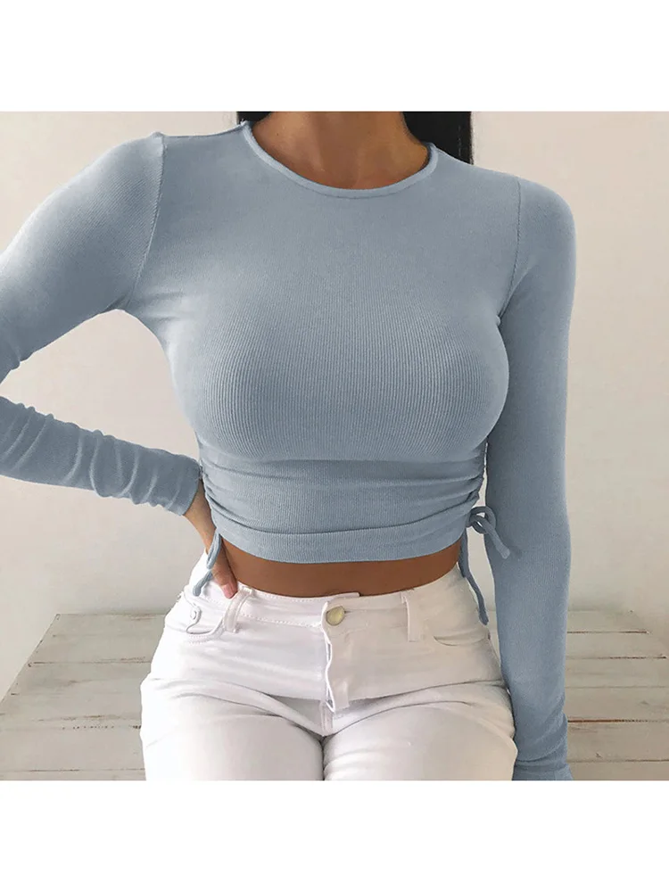 Sexy O-Neck Long Sleeve Bodycon Cropped Tops Autumn 2020 Women Irregular Drawstring Bandage Knitted Solid T-Shirt - Image 10