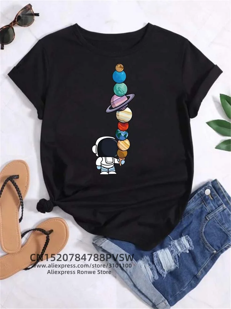 Moon Planet Space Women Print T-Shirts Girl Fashion Funy Casual Round Neck Short Sleeve Streetwear Female Clothes Vintage Tops - Image 26