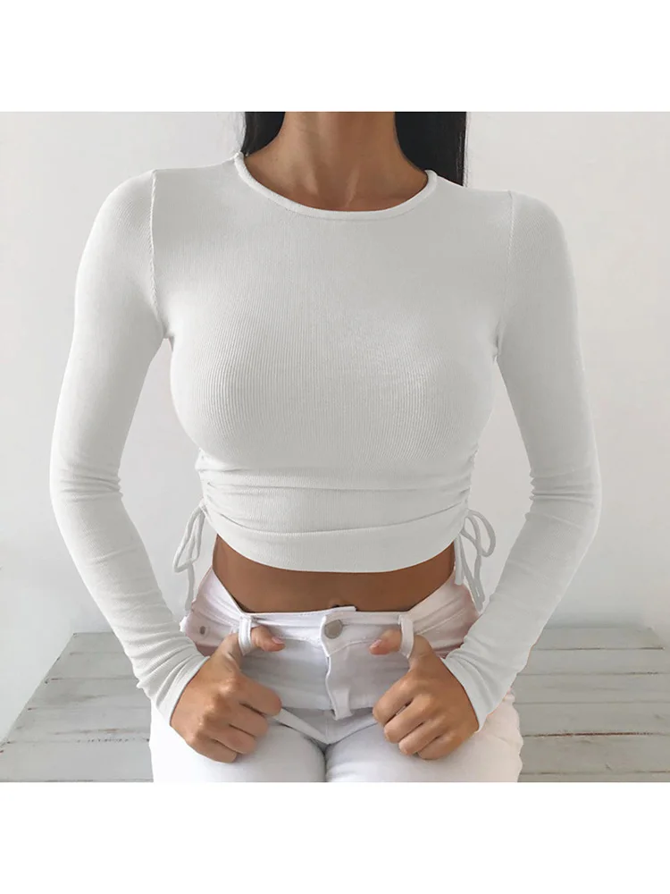 Sexy O-Neck Long Sleeve Bodycon Cropped Tops Autumn 2020 Women Irregular Drawstring Bandage Knitted Solid T-Shirt - Image 8
