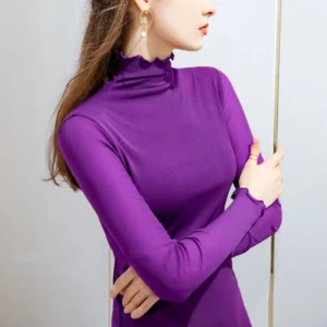 Alternative view of High Neck Sheer Mesh Top Women Long Sleeve Turtleneck T-shirt Korean Sexy See Through Black White Red Purple Shirt S-2XL