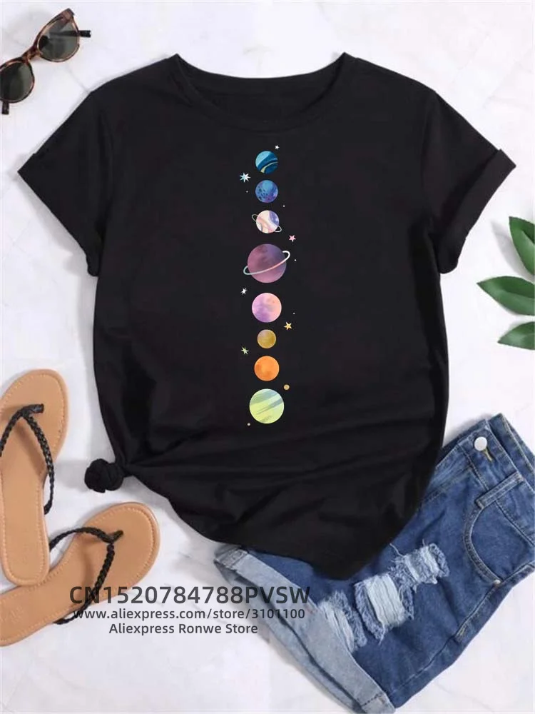 Moon Planet Space Women Print T-Shirts Girl Fashion Funy Casual Round Neck Short Sleeve Streetwear Female Clothes Vintage Tops - Image 9