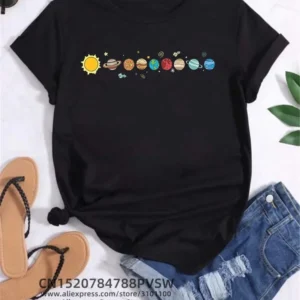Moon Planet Space Women Print T-Shirts Girl Fashion Funy Casual Round Neck Short Sleeve Streetwear Female Clothes Vintage Tops