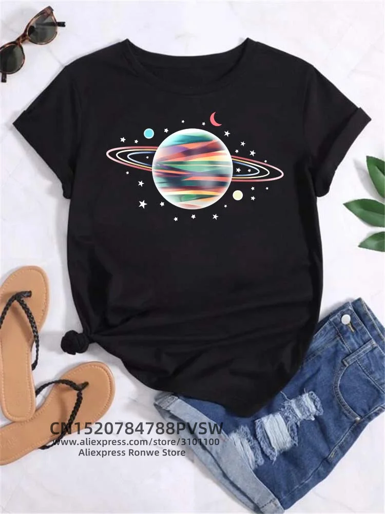Moon Planet Space Women Print T-Shirts Girl Fashion Funy Casual Round Neck Short Sleeve Streetwear Female Clothes Vintage Tops - Image 18
