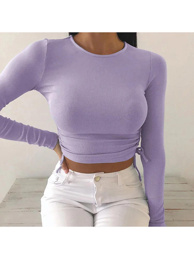 Sexy O-Neck Long Sleeve Bodycon Cropped Tops Autumn 2020 Women Irregular Drawstring Bandage Knitted Solid T-Shirt - Image 7