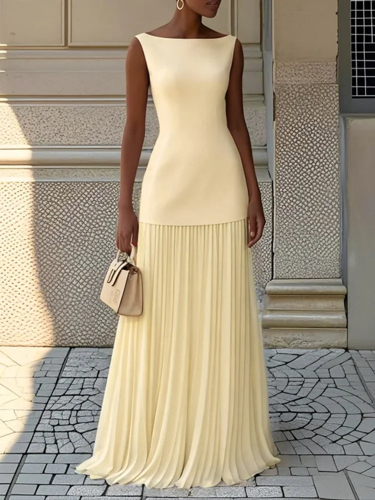 Two-piece Set Women Elegant Solid Splice Pleated Skirts Set Sexy Slash Neck Sleeveless Tank Hollow Slim Maxi Skirts - Image 5