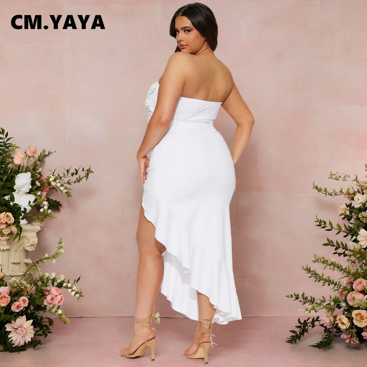 CM.YAYA Bowknot Side Women's Dress Set Strapless Crop Top and Ruffles Split Midi Maxi Long Skirt Suit Two 2 Piece Set Outfits - Image 6
