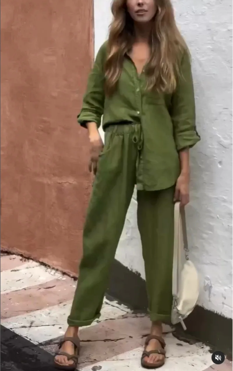 Women's Cotton Linen Solid Color Two-piece Sets 2024 Spring Autumn Fashion V Neck Top Elastic Waist Loose Wide Leg Pants Set - Image 12