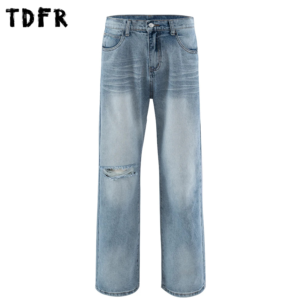 Denim Pants Mens Washed Distressed Retro Streetwear Baggy Straight - Image 2
