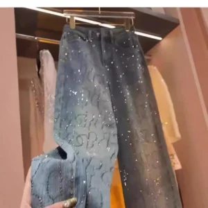 Women's Jeans 2025 New Style Heavy Industry High-end Versatile High-waisted Slim Straight Pants Blue Two-color Hot Diamond Jeans