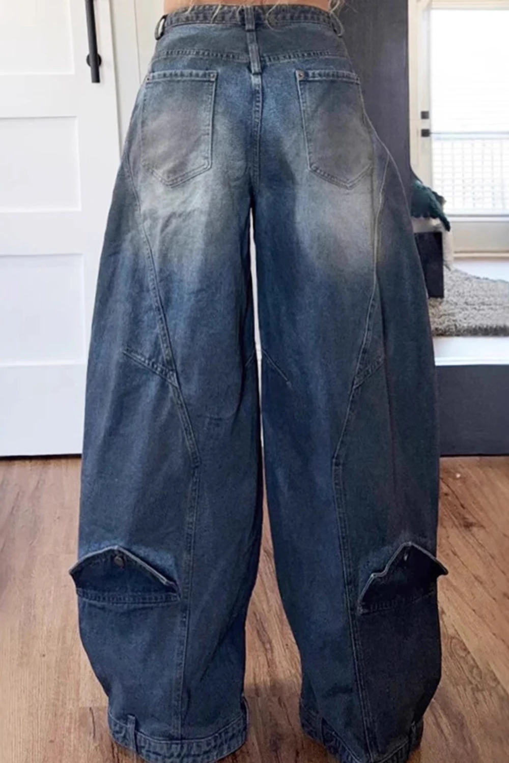 Women Loose Denim Jeans Pants Asymmetric Button Pocket Washed Casual Harajuku High Street Grunge Denim Trouders Jeans for Women - Image 4