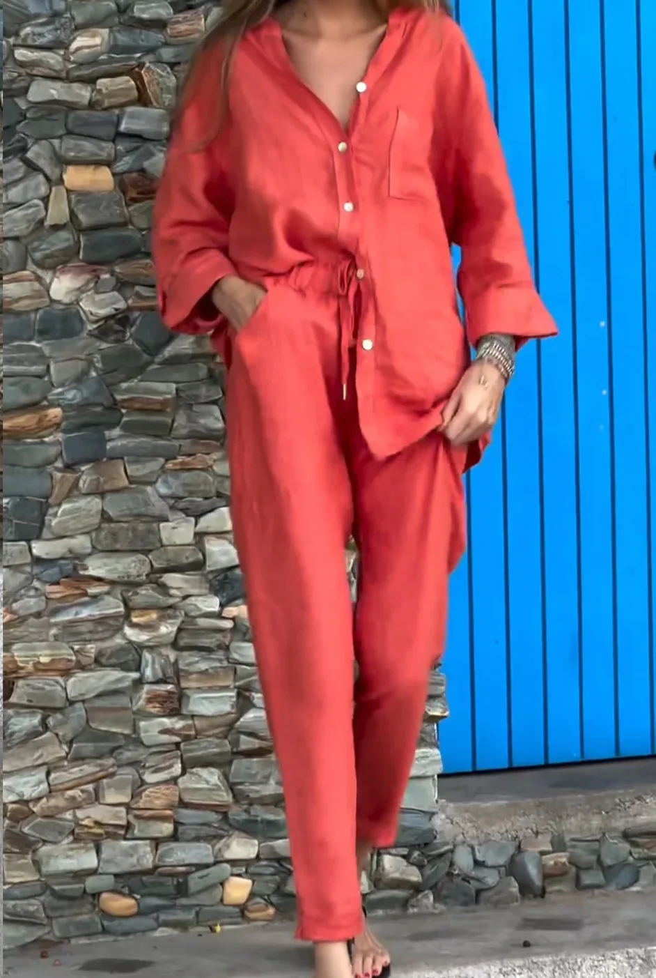 Women's Cotton Linen Solid Color Two-piece Sets 2024 Spring Autumn Fashion V Neck Top Elastic Waist Loose Wide Leg Pants Set - Image 11