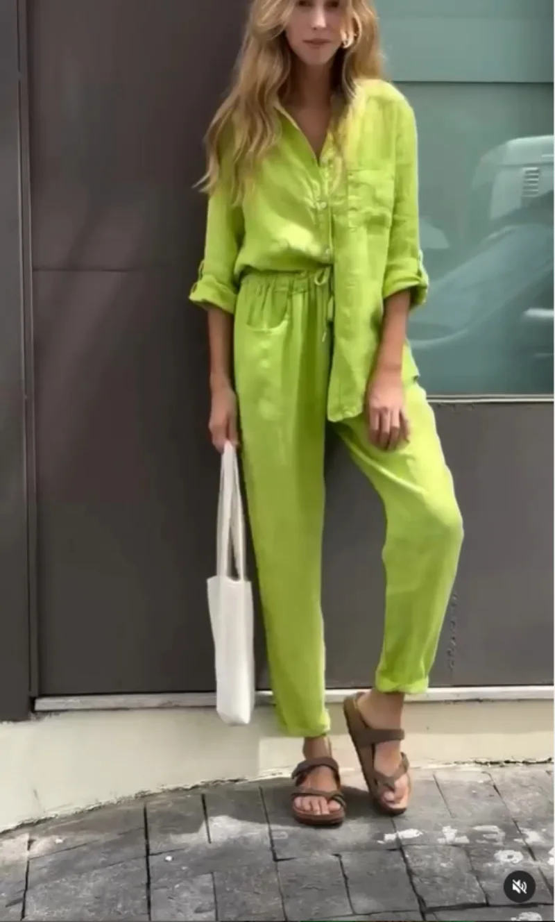 Women's Cotton Linen Solid Color Two-piece Sets 2024 Spring Autumn Fashion V Neck Top Elastic Waist Loose Wide Leg Pants Set - Image 15