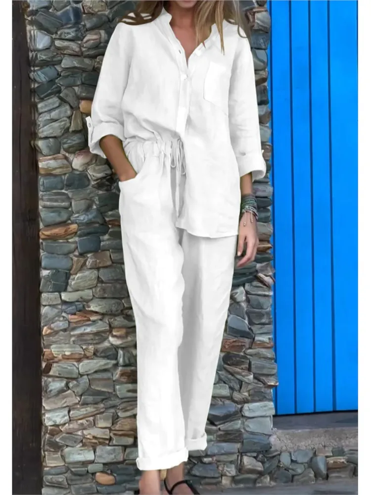 Women's Cotton Linen Solid Color Two-piece Sets 2024 Spring Autumn Fashion V Neck Top Elastic Waist Loose Wide Leg Pants Set - Image 3