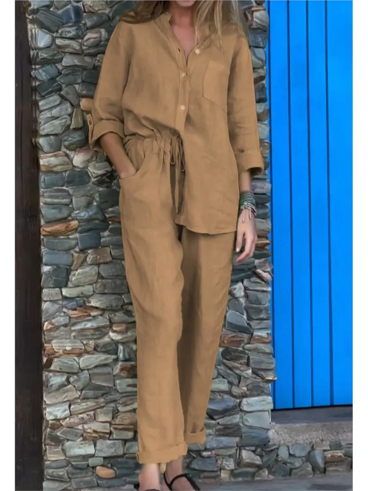 Women's Cotton Linen Solid Color Two-piece Sets 2024 Spring Autumn Fashion V Neck Top Elastic Waist Loose Wide Leg Pants Set - Image 4