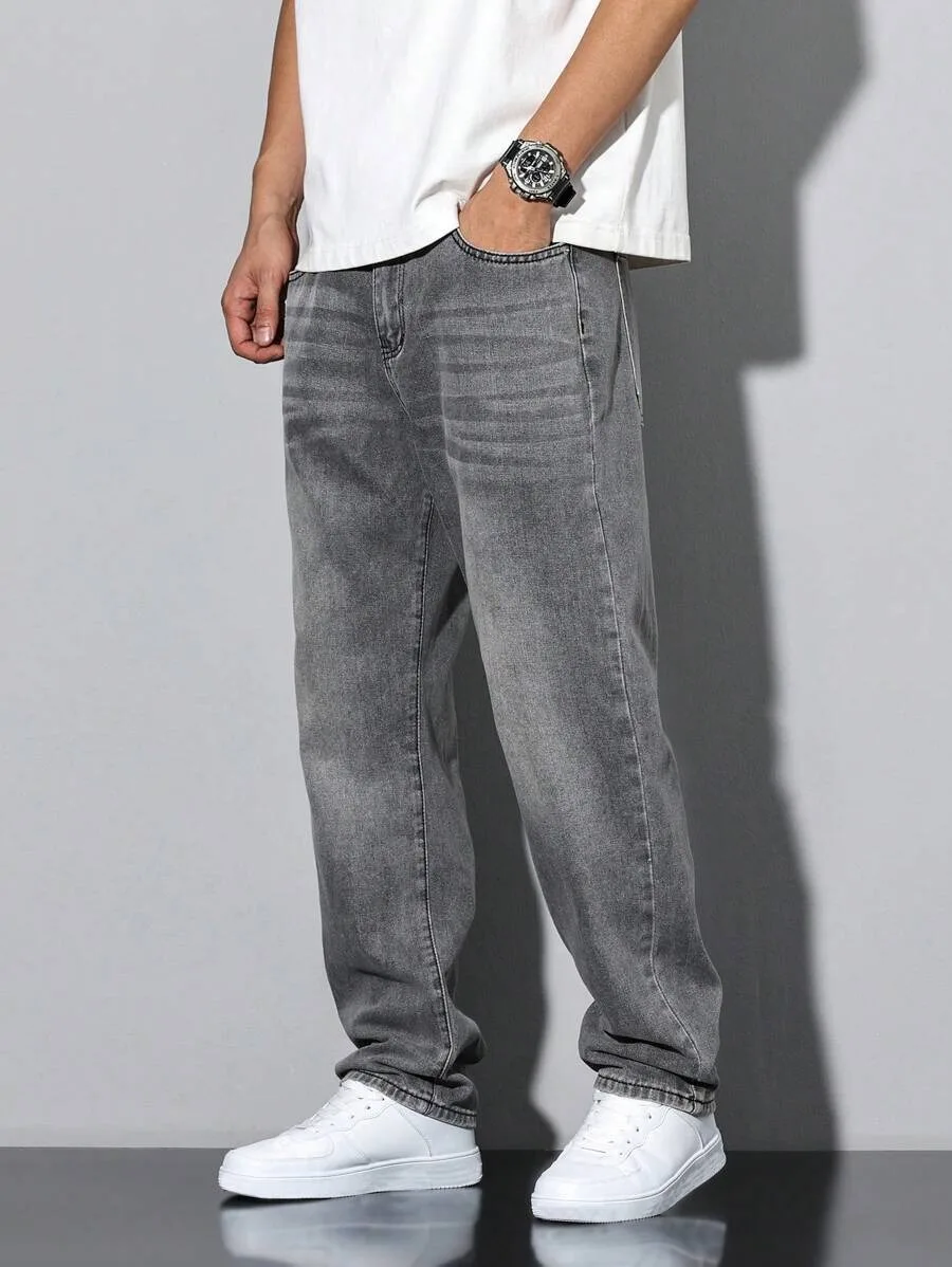 Men's straight skinny grey jeans, straight and simple design