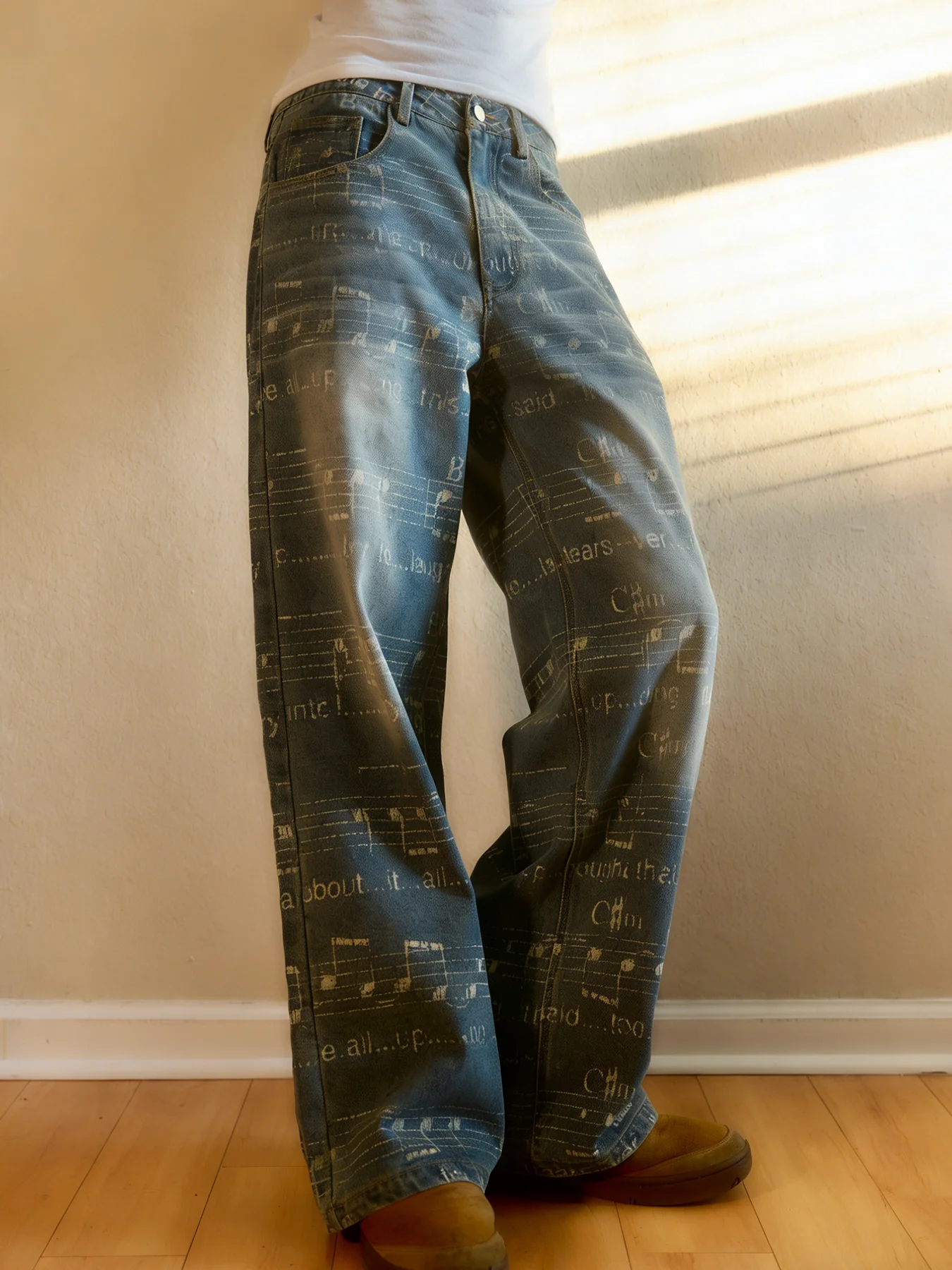 New straight-leg washed and printed denim jeans, loose-fitting high-street casual street style long pants, cropped pants, y2k