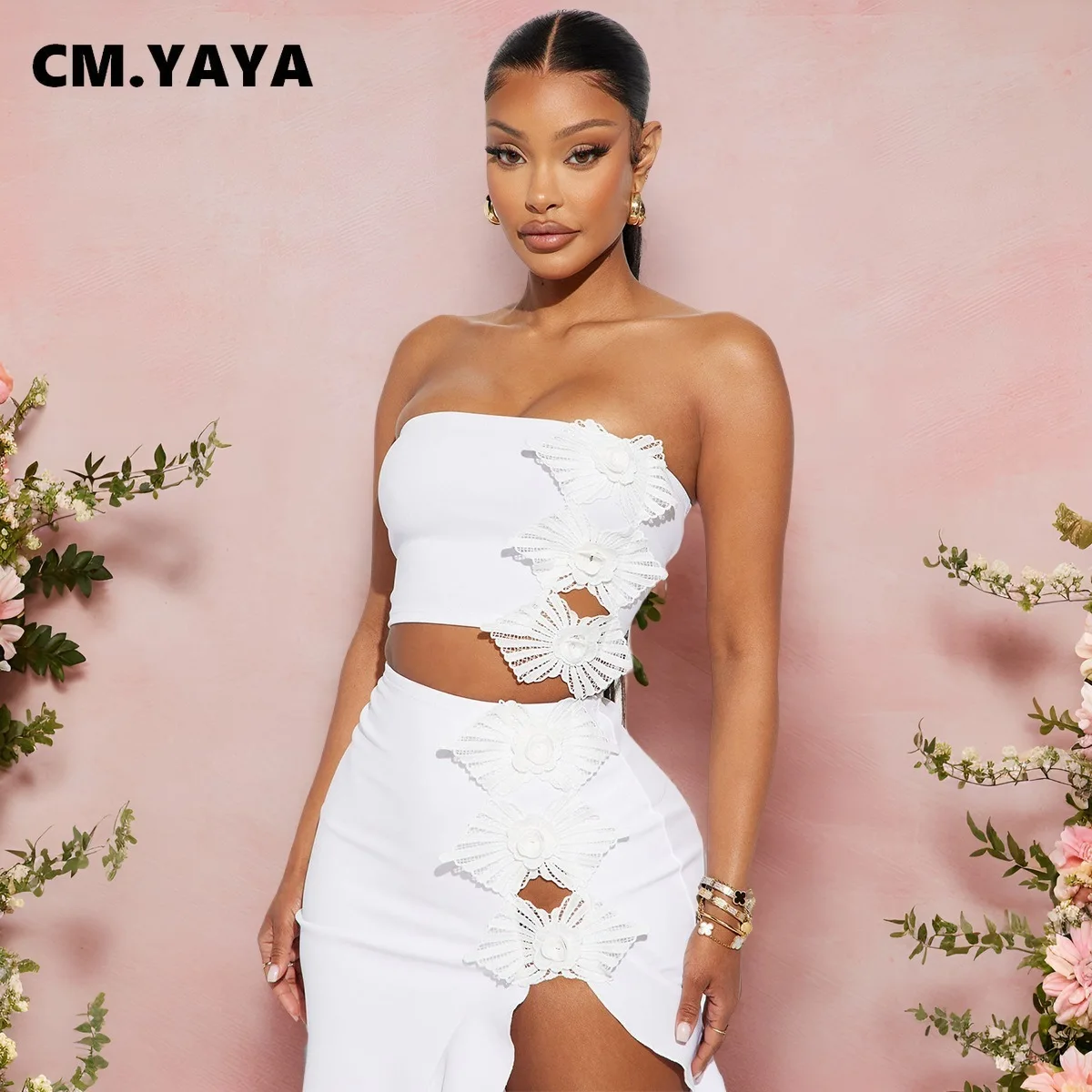 CM.YAYA Bowknot Side Women's Dress Set Strapless Crop Top and Ruffles Split Midi Maxi Long Skirt Suit Two 2 Piece Set Outfits - Image 3