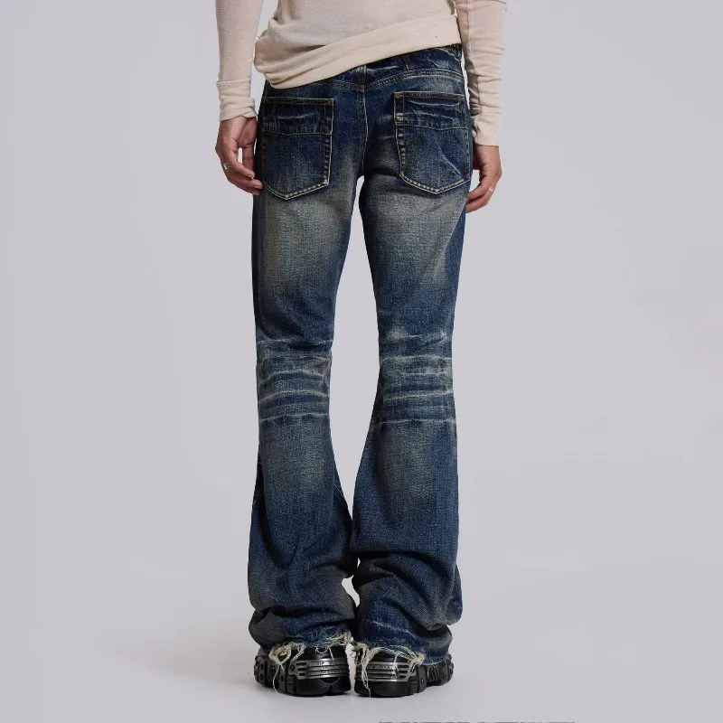 Y2K Mid Blue Flared Jeans Vintage Men Unisex Streetwear Retro Baggy wide leg Pants - Image 2