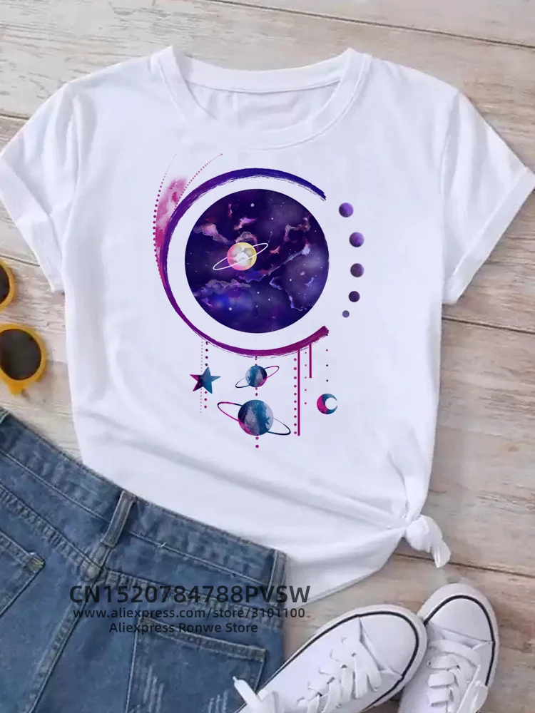 Moon Planet Space Women Print T-Shirts Girl Fashion Funy Casual Round Neck Short Sleeve Streetwear Female Clothes Vintage Tops - Image 19