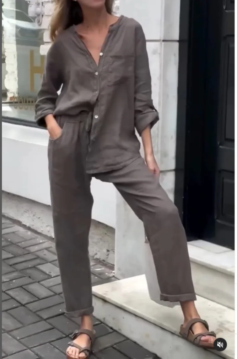 Women's Cotton Linen Solid Color Two-piece Sets 2024 Spring Autumn Fashion V Neck Top Elastic Waist Loose Wide Leg Pants Set - Image 14