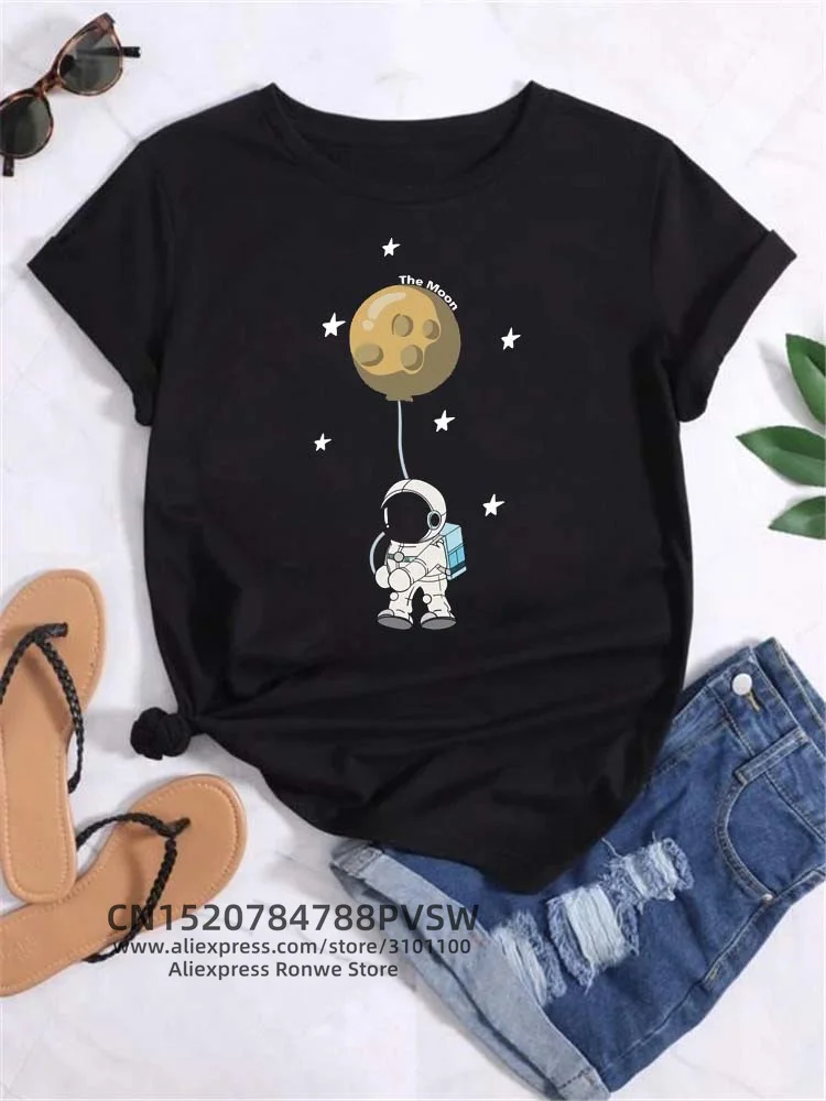 Moon Planet Space Women Print T-Shirts Girl Fashion Funy Casual Round Neck Short Sleeve Streetwear Female Clothes Vintage Tops - Image 23