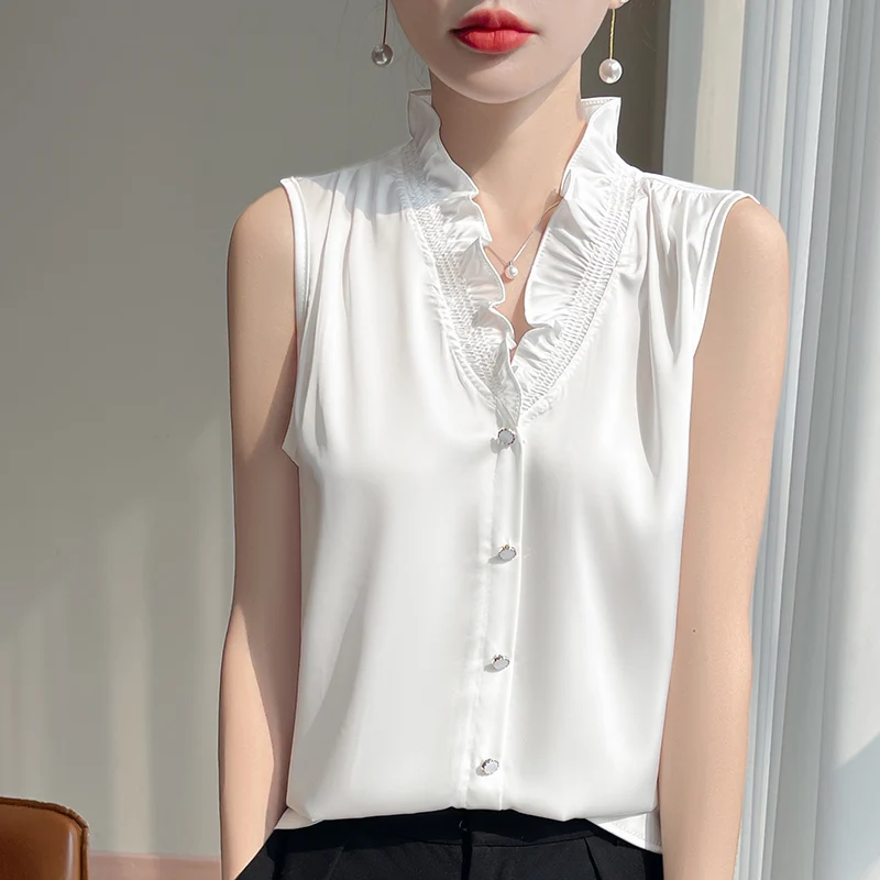 2025 New Mushroom Edge V-neck Satin Sleeveless Fake Buckle Korean Fashion Top Basic 3-color Thin Women's T-shirt ZH A56 - Image 4