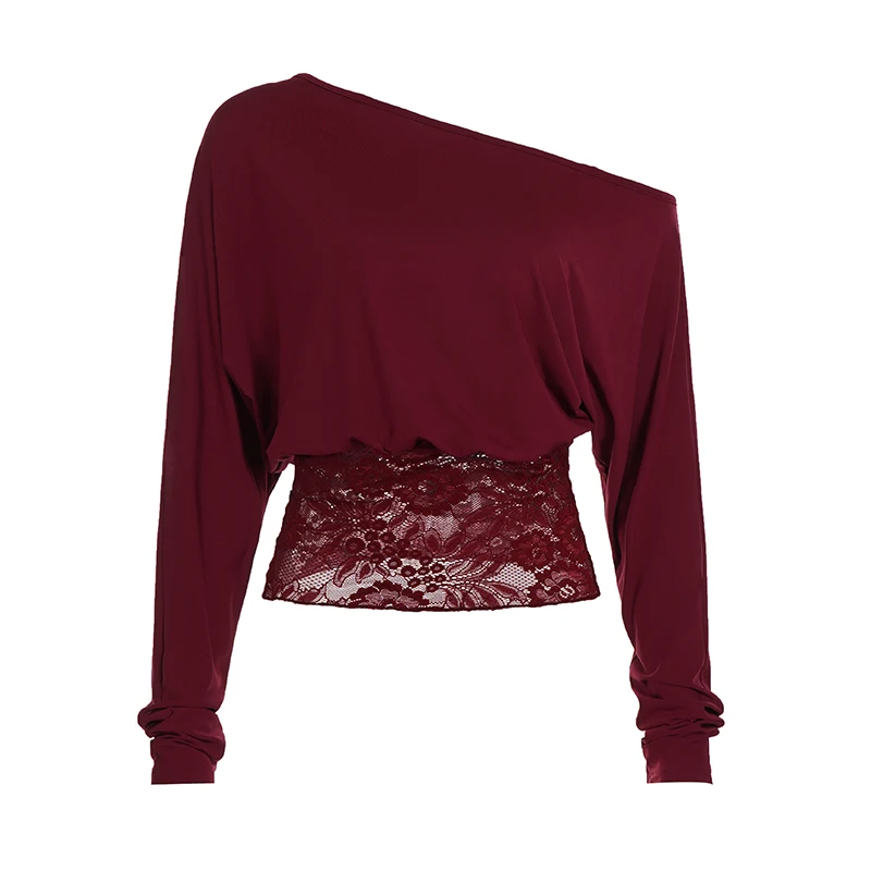 SUCHCUTE Elegant Off-Shoulder Lace-Trimmed Waist-Defining Top Retro Streetwear Solid Long-Sleeve T-Shirt For Women Spring-Summer - Image 7