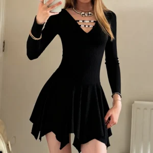 Alternative view of Elegant Women's Black V-neck Long Sleeve Knit Dress with Beaded Design