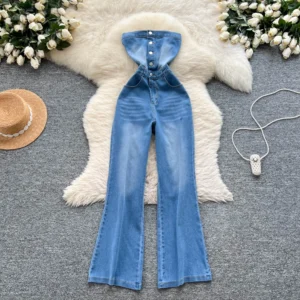 Summer Women's New Fashion Metal Buckle Slim Denim Pants