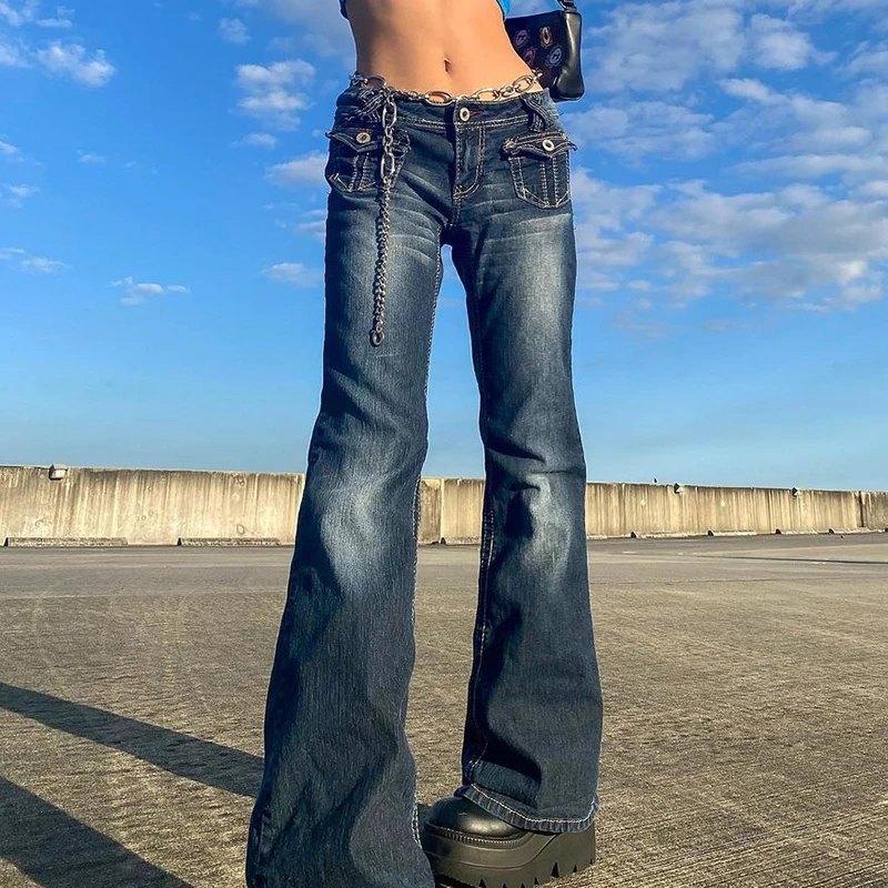 Korean Style Harajuku Hot Mom Denim Jeans Y2K Grunge Vintage Low Waisted Pockets Skinny Flare Pants 2000s Retro Cargo Trousers - Image 2