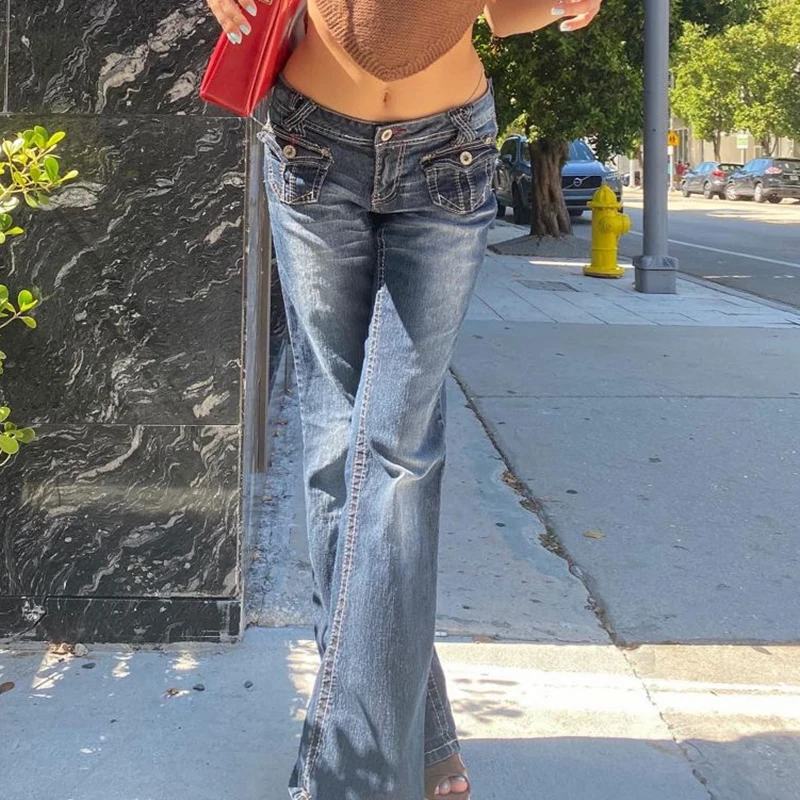 Korean Style Harajuku Hot Mom Denim Jeans Y2K Grunge Vintage Low Waisted Pockets Skinny Flare Pants 2000s Retro Cargo Trousers - Image 5