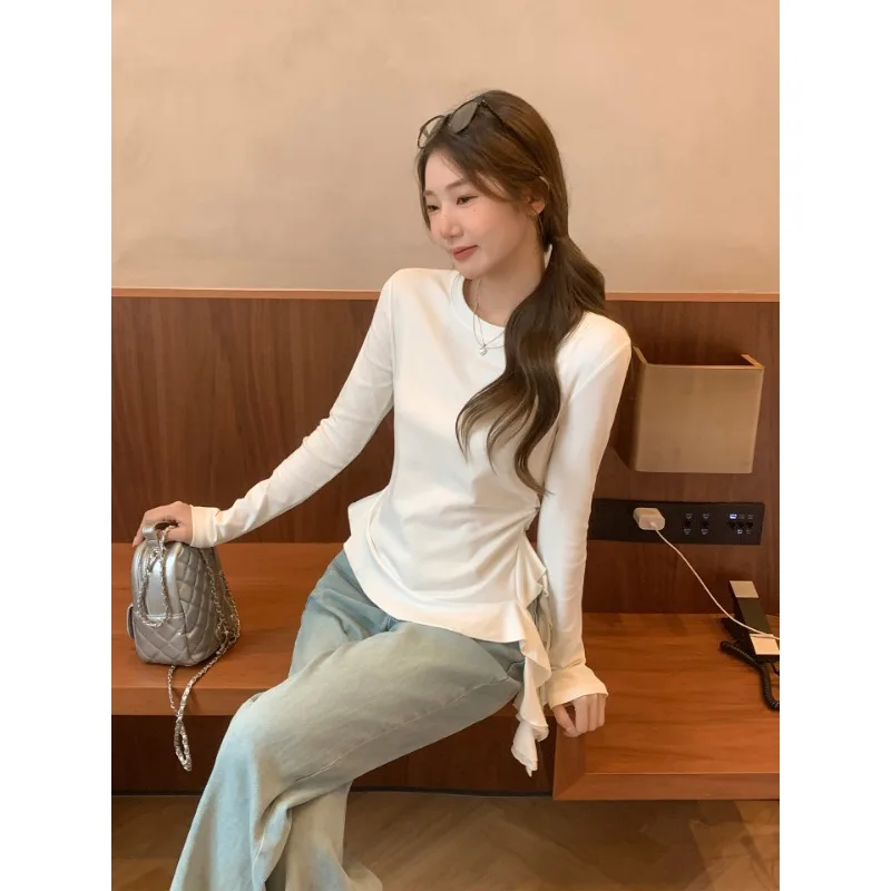 Round Neck Irregular Ruffle Hem Long Sleeve T-Shirt Women Slim Fit Underwear Base Layer Top - Image 6