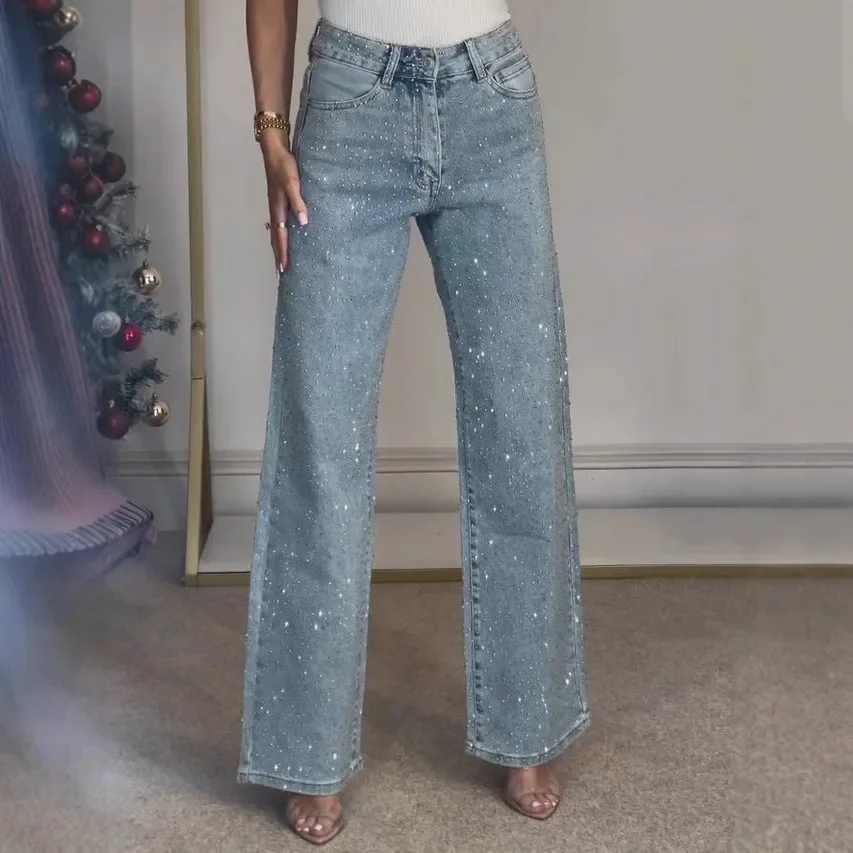 Jeans for Women Straight Diamonds Pants Stretch High Waist Washed Mom Jeans Vintage Denims Streetwear Y2k Streetwear Trousers - Image 4