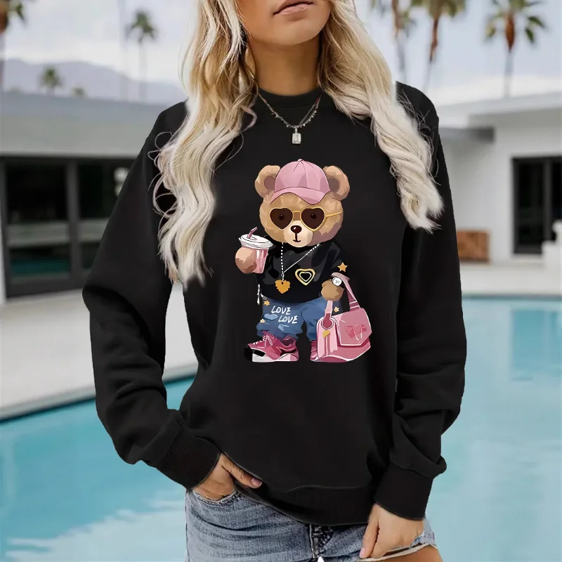 Round-neck Hoodie for Women, Spring and Autumn Teddy Bear, Trendy Top, Long-sleeved Shirt, Hoodie Streetwear Women Sweatshirt