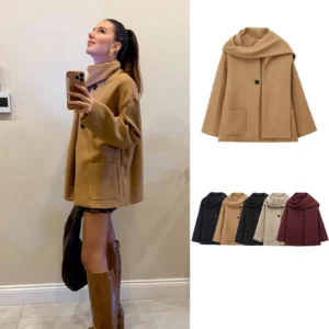 Woman‘s Coat 2025 Autumn Black Woolen Cardigan With Scarf Long Sleeve Crop Coat Chaqueta Casual Ropa De Mujer Street Outwear