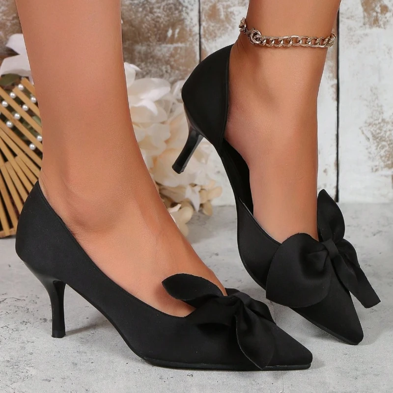 Women High Heels Shoes Pointy Shallow Mouth Bow with Shoes - Image 6