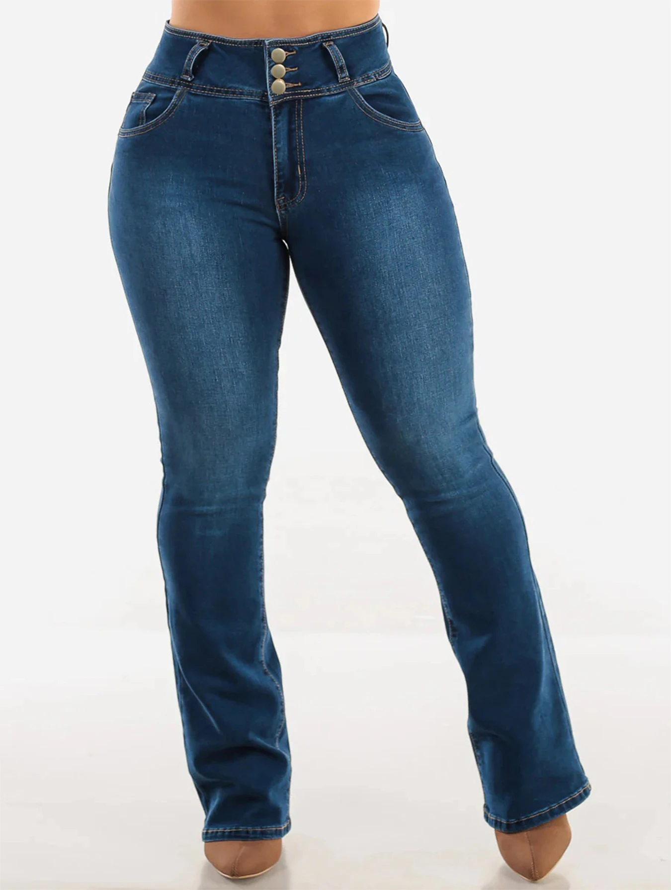 Buttoned zipper opening washable blue high-waisted slimming buttocks-enhancing stylish and sexy mini-flared denim pants - Image 2