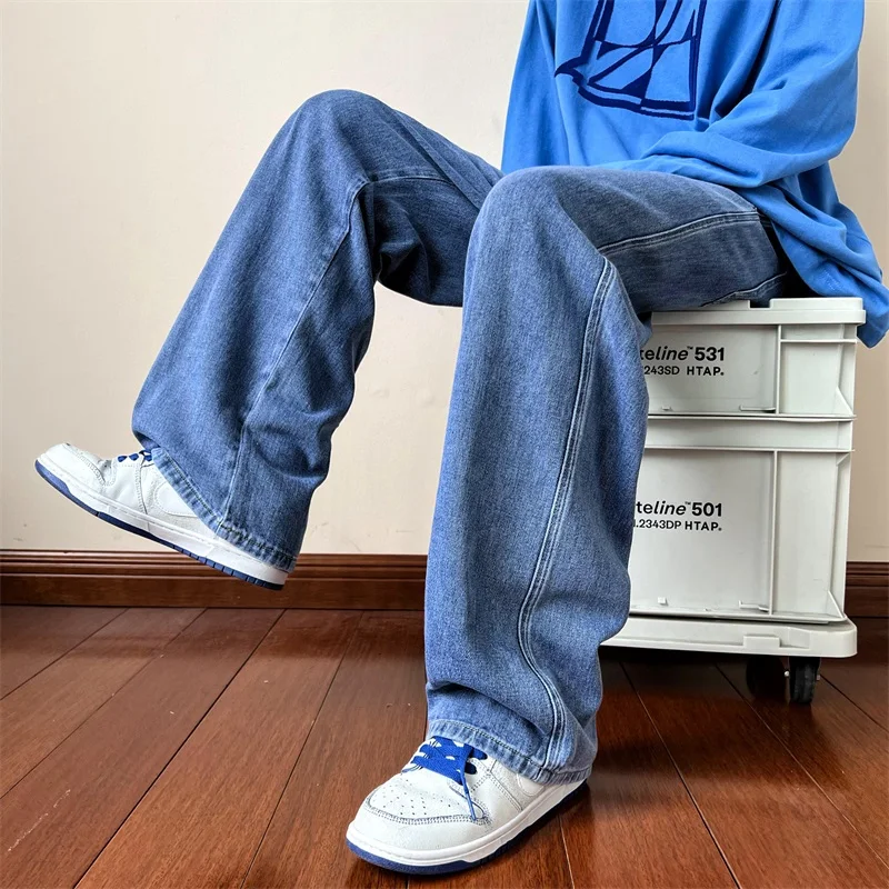 New Korean Fashion Men's Baggy Jeans High Street Man Straight Denim Wide-leg Pants Hip Hop Bagy Light Blue Grey Black - Image 5
