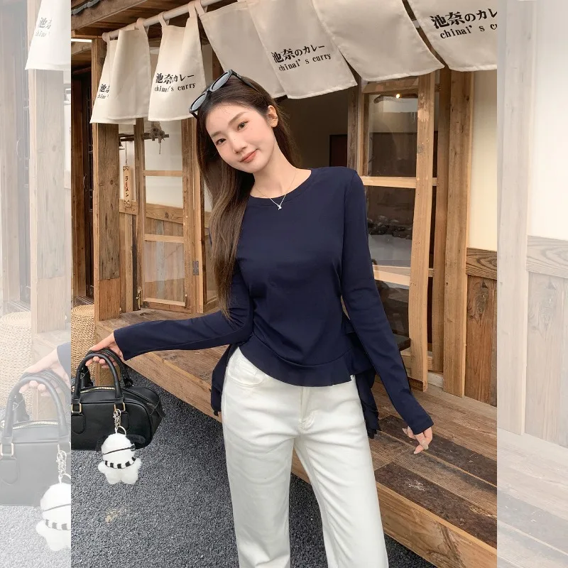 Round Neck Irregular Ruffle Hem Long Sleeve T-Shirt Women Slim Fit Underwear Base Layer Top - Image 3
